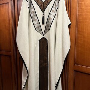 Elegant Cream and Brown Kaftan with Black Trim